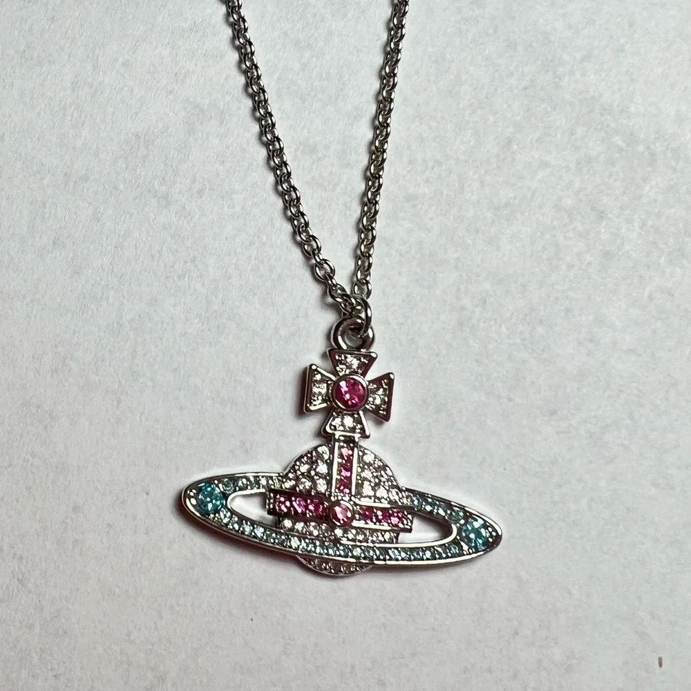 Vivienne Westwood Orb Necklace Pink & Aqua Crystal Pendant Silver Tone - Picture 2 of 6